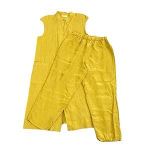 Bryn Walker 100% Linen Set 2 Piece Mustard Long Button Front Tunic Top + Pants M